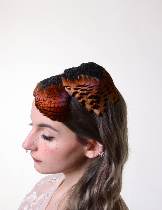 In Full Plume Plum and burnt tangerine feathered headpiece, fascinator or statement hair accessory