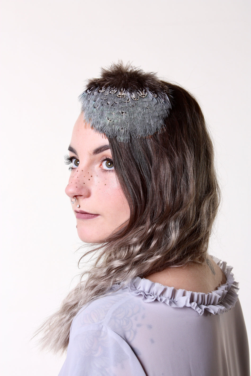 In Full Plume Soft grey and turquoise feathered headpiece, fascinator or statement hair accessory